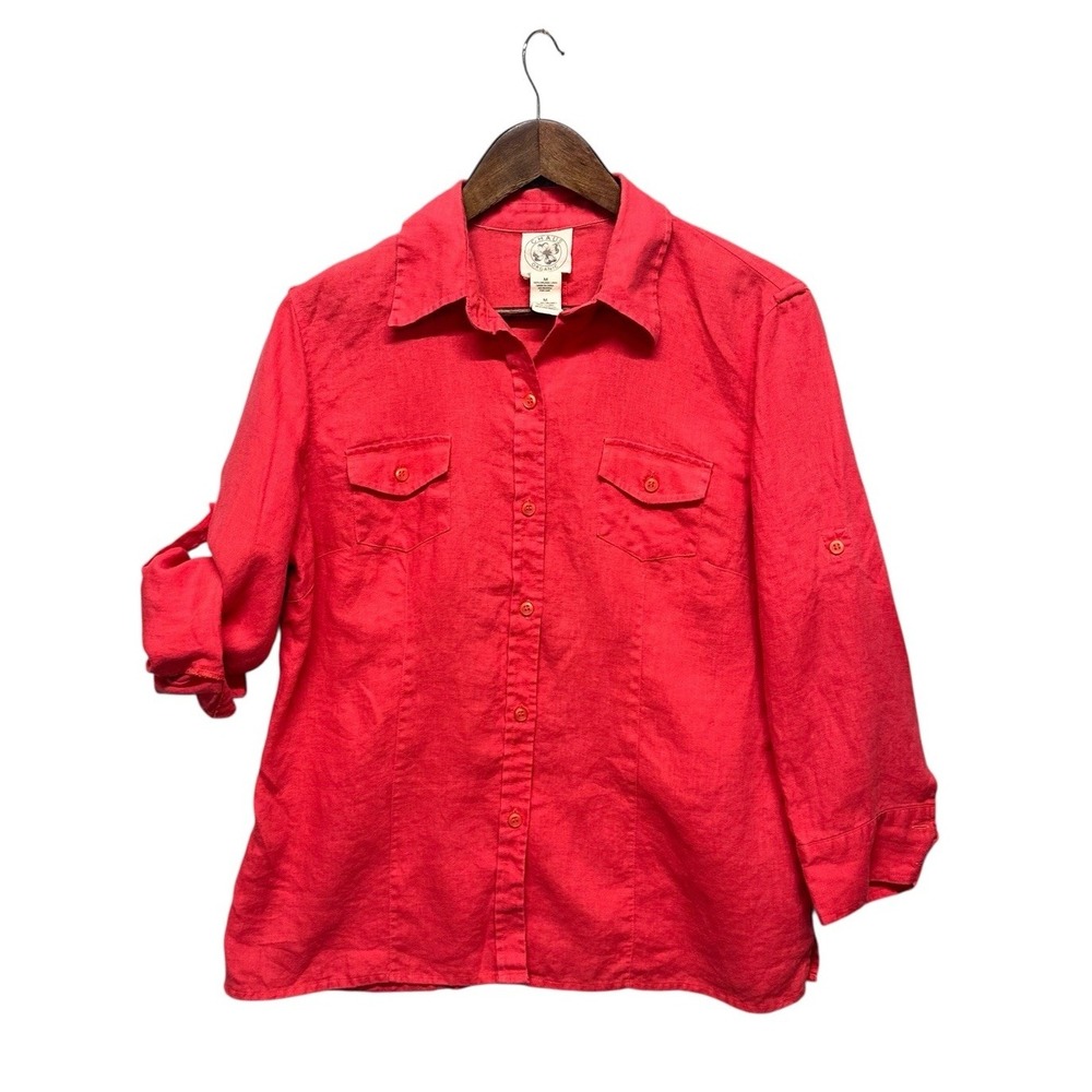 Chaus Organic Linen Shirt Women's M‎ Brown Button Up Pockets Roll Tab Sleeve